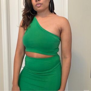 Zara Green One-Shoulder Two-Piece Midi Skirt Set